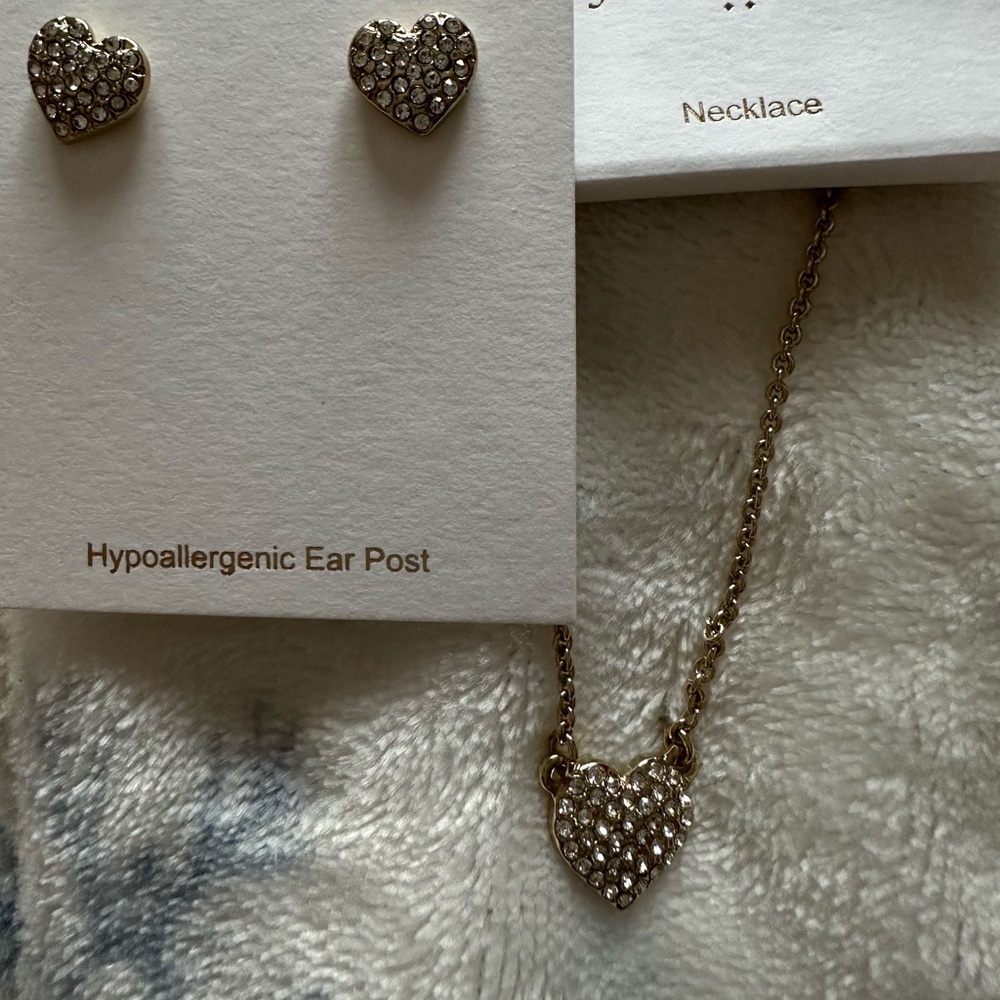 J. Crew Gold and Pave Heart Earrings and Necklace Set